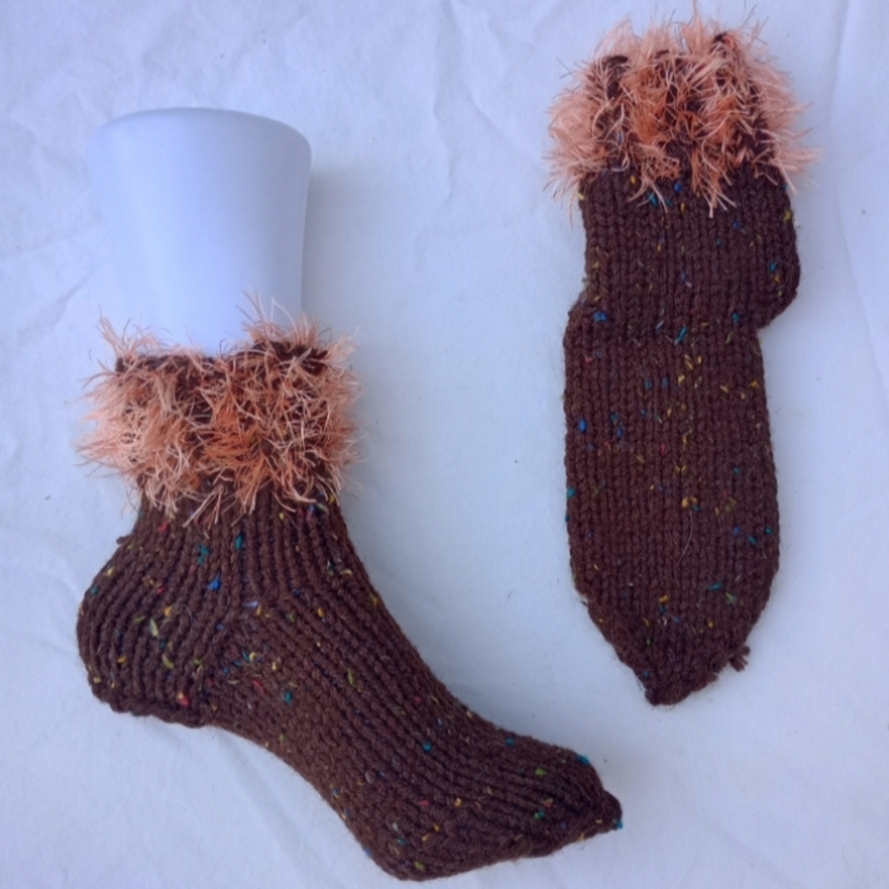 Cozy Brown Knit Socks with Fluffy Trim Handmade Loungewear Winter Warm Cozy